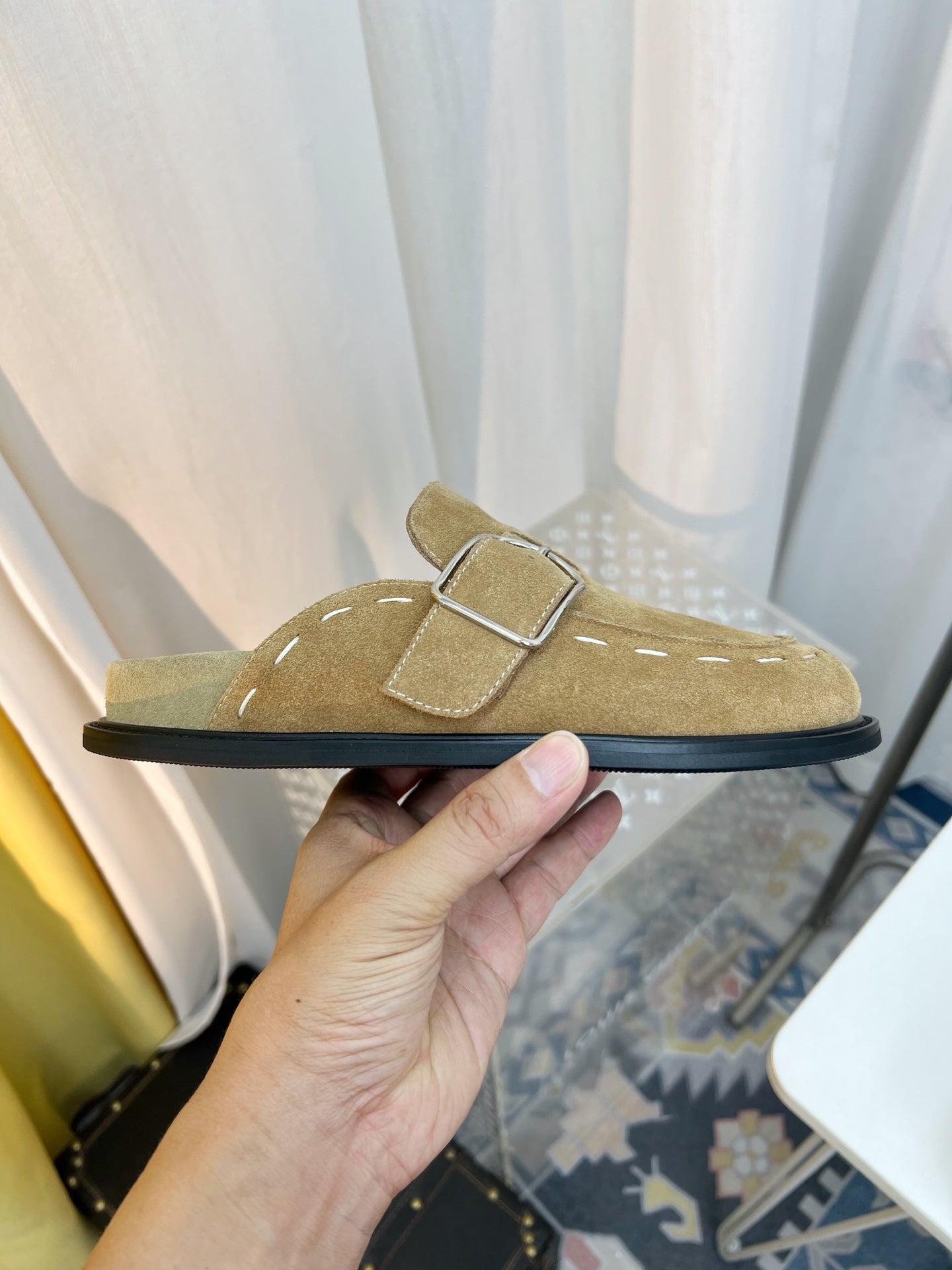 THE ROW 26S BUCKLED MULE CLOGS IN LIGHT BROWN SUEDE