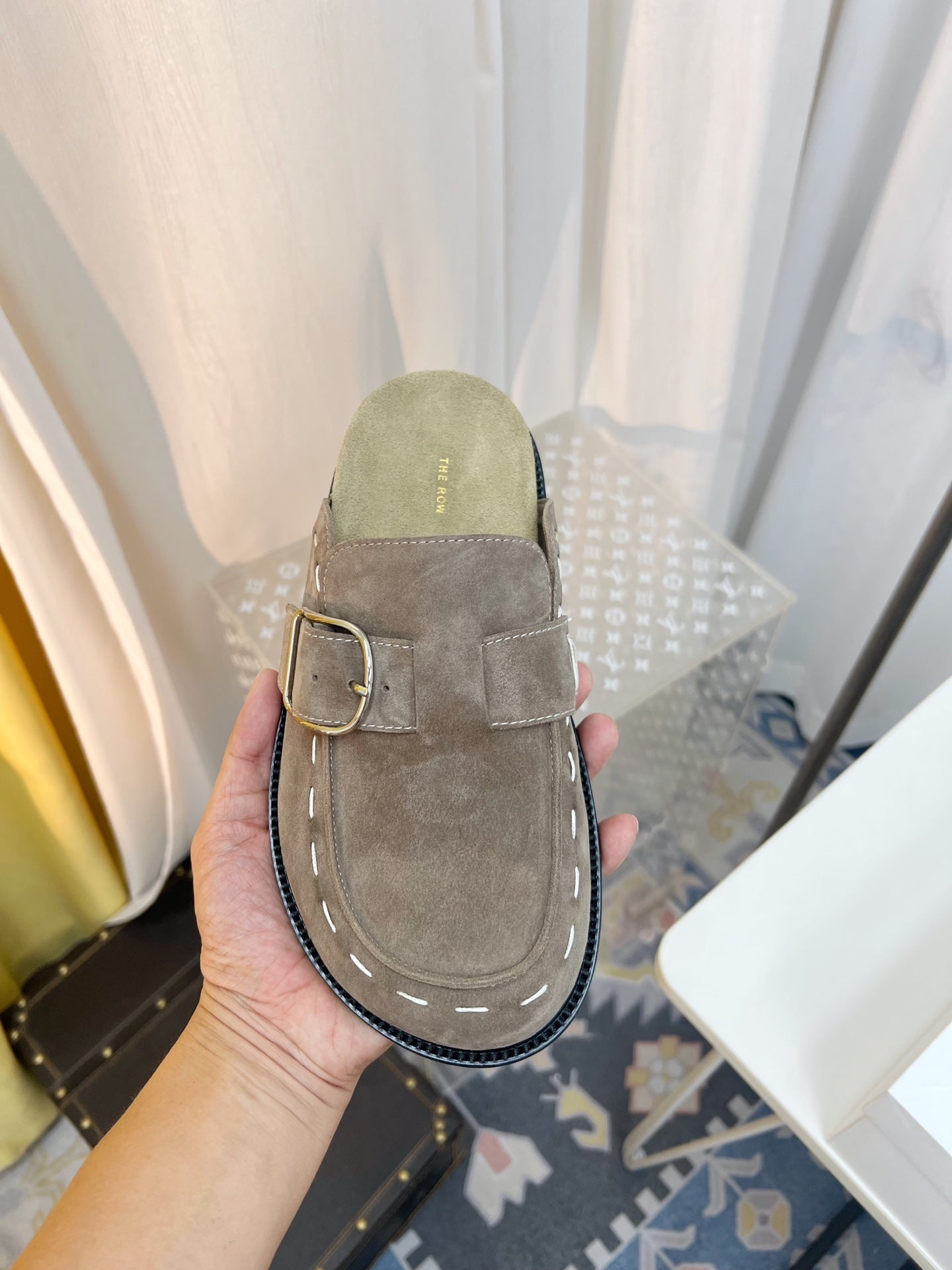 THE ROW 26S BUCKLED MULE CLOGS IN TAUPE BROWN SUEDE