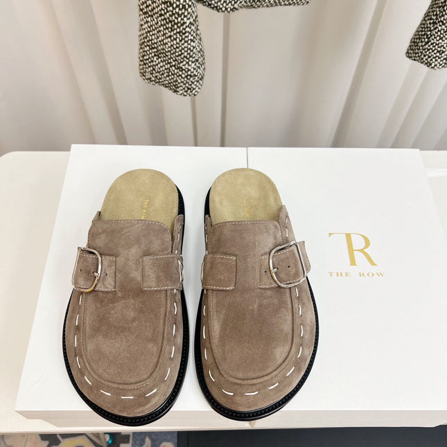 THE ROW 26S BUCKLED MULE CLOGS IN TAUPE BROWN SUEDE