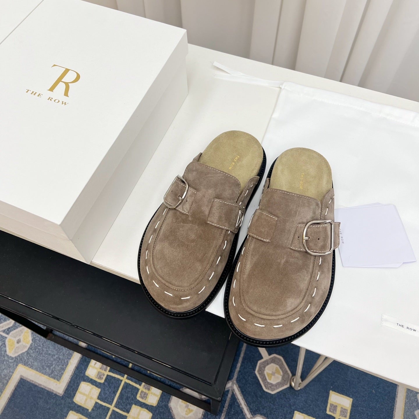 THE ROW 26S BUCKLED MULE CLOGS IN TAUPE BROWN SUEDE