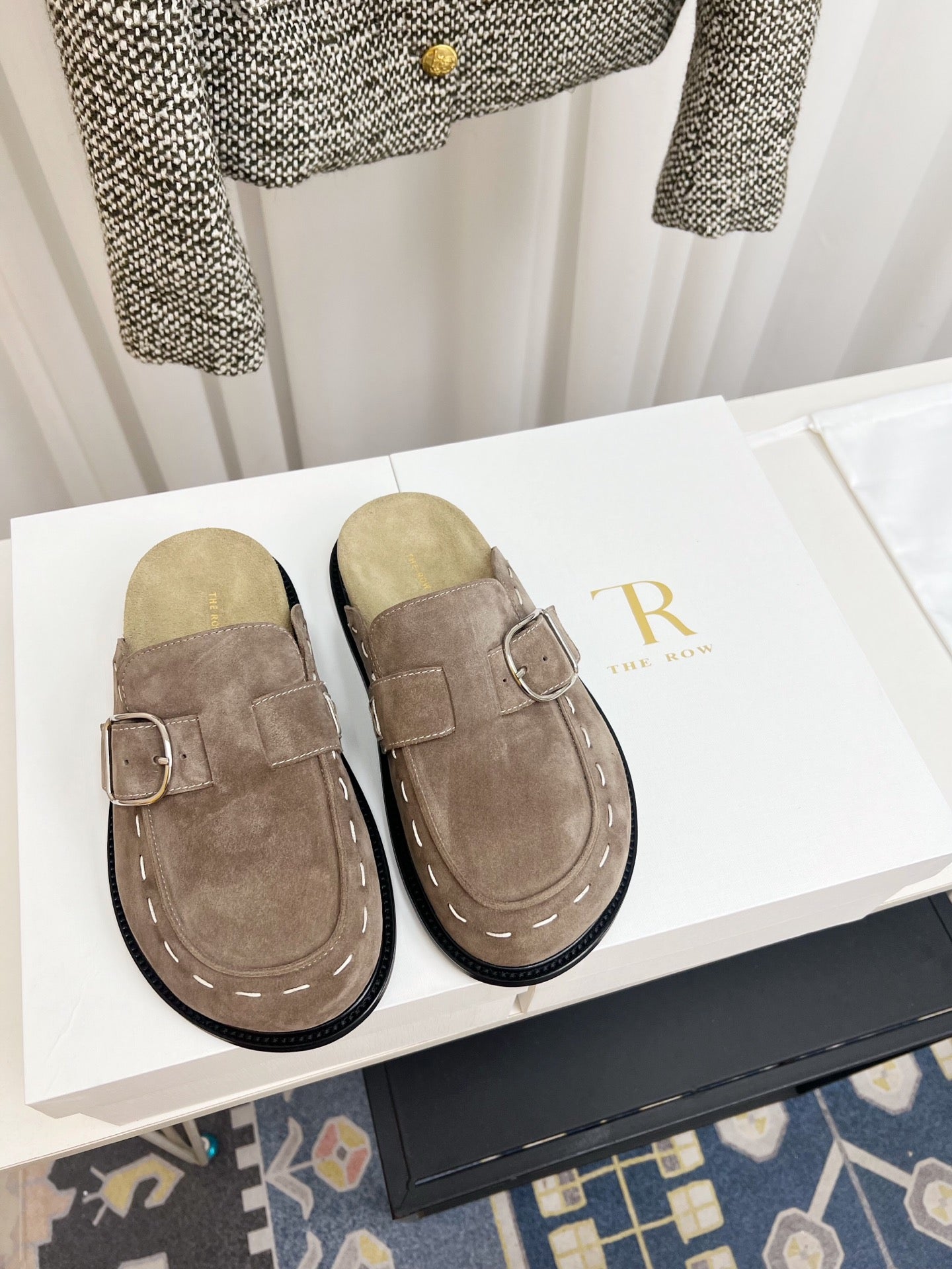 THE ROW 26S BUCKLED MULE CLOGS IN TAUPE BROWN SUEDE