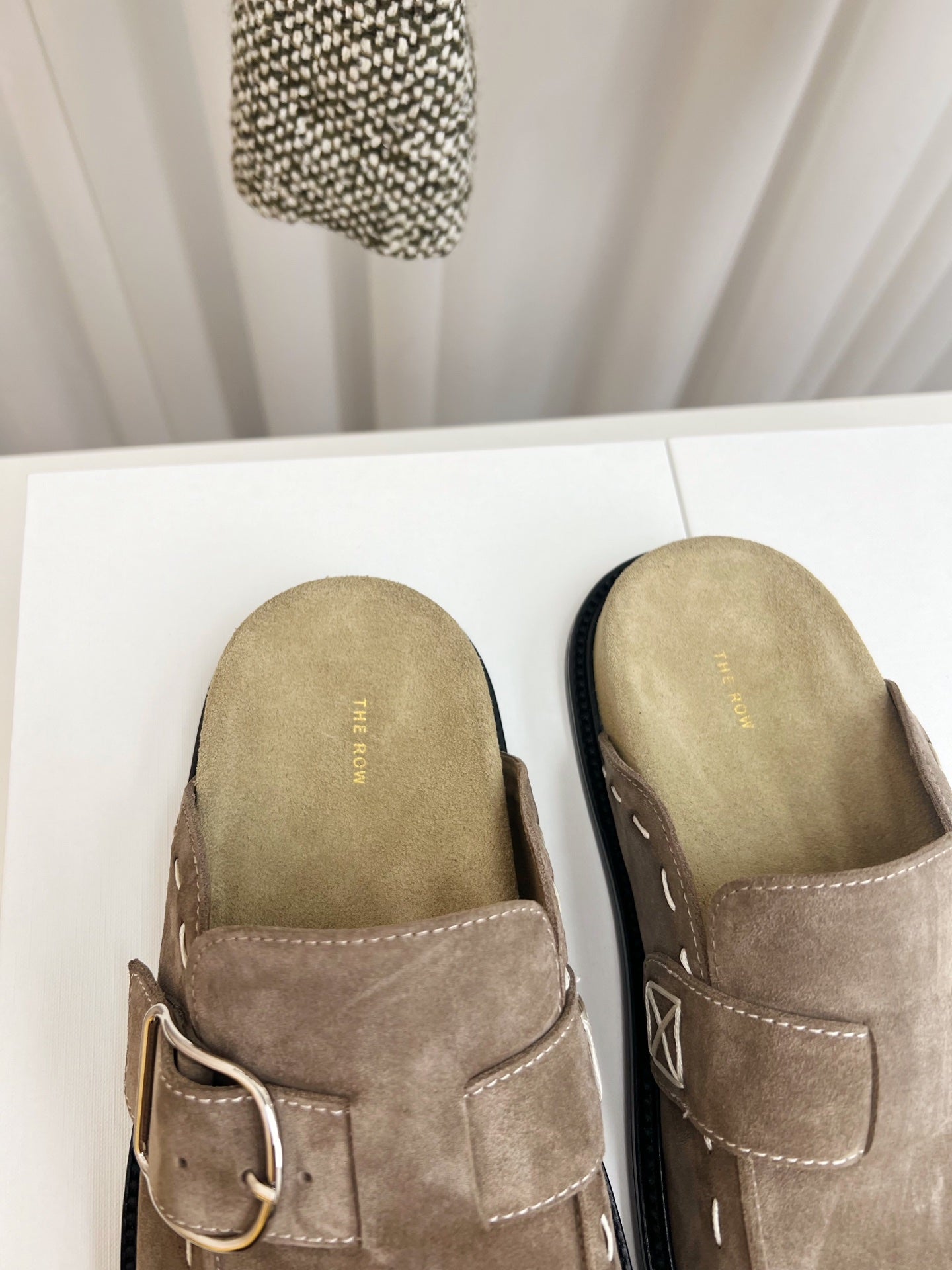 THE ROW 26S BUCKLED MULE CLOGS IN TAUPE BROWN SUEDE