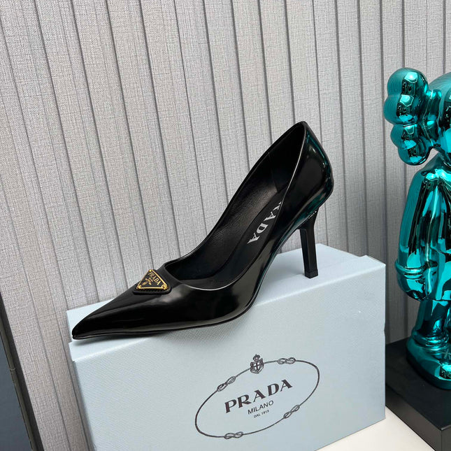 PRADA 26S POINTED TOE PUMPS STILETTO HEEL 80MM IN BLACK SHINE CALFSKIN