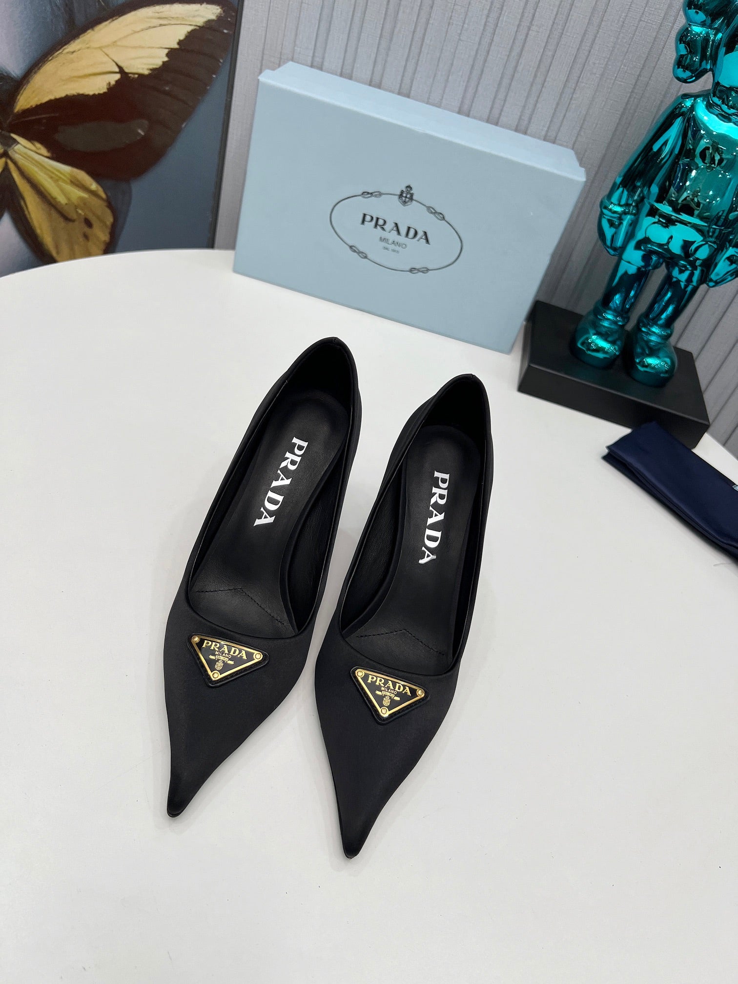 PRADA 26S POINTED TOE PUMPS STILETTO HEEL 80MM IN BLACK SATIN