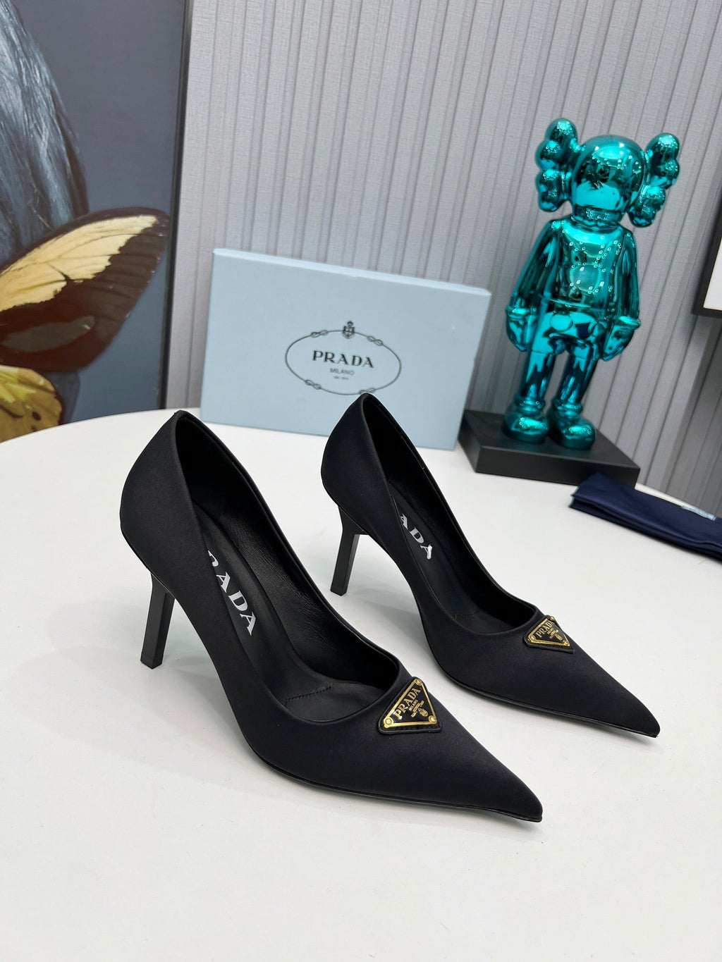 PRADA 26S POINTED TOE PUMPS STILETTO HEEL 80MM IN BLACK SATIN
