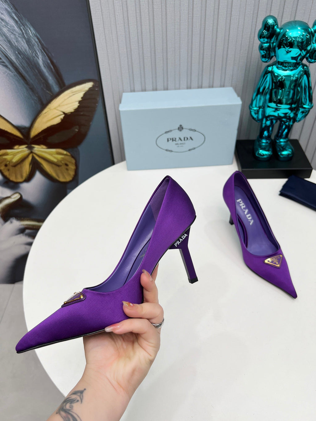 PRADA 26S POINTED TOE PUMPS STILETTO HEEL 80MM IN DEEP PURPLE SATIN