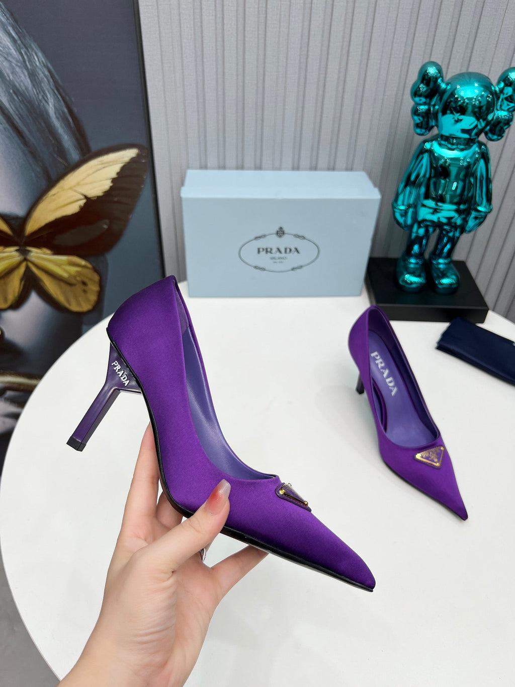 PRADA 26S POINTED TOE PUMPS STILETTO HEEL 80MM IN DEEP PURPLE SATIN