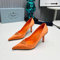 PRADA 26S POINTED TOE PUMPS STILETTO HEEL 80MM IN ORANGE SATIN