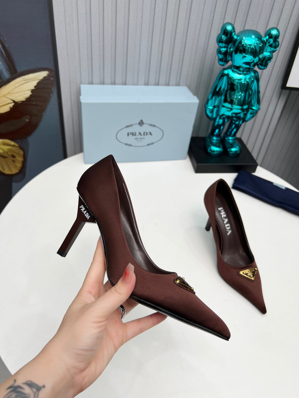 PRADA 26S POINTED TOE PUMPS STILETTO HEEL 80MM IN DARK BROWN SATIN
