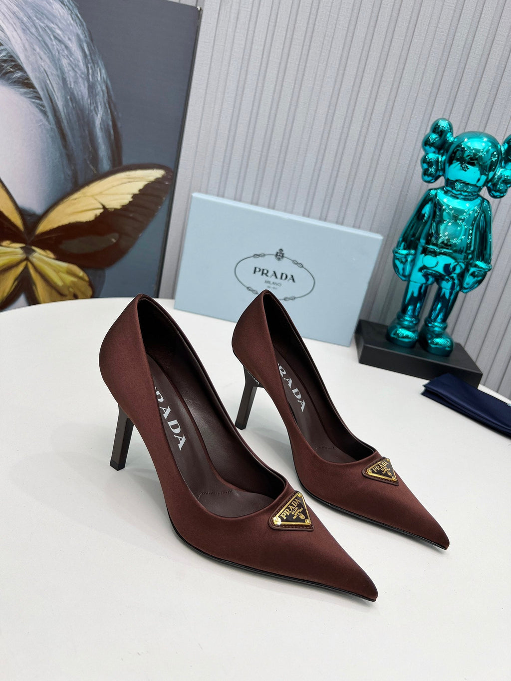 PRADA 26S POINTED TOE PUMPS STILETTO HEEL 80MM IN DARK BROWN SATIN