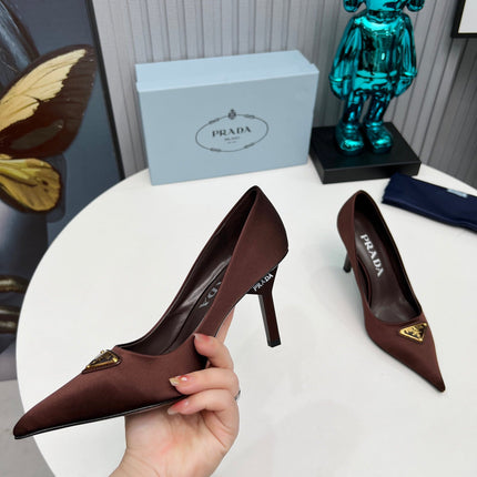 PRADA 26S POINTED TOE PUMPS STILETTO HEEL 80MM IN DARK BROWN SATIN