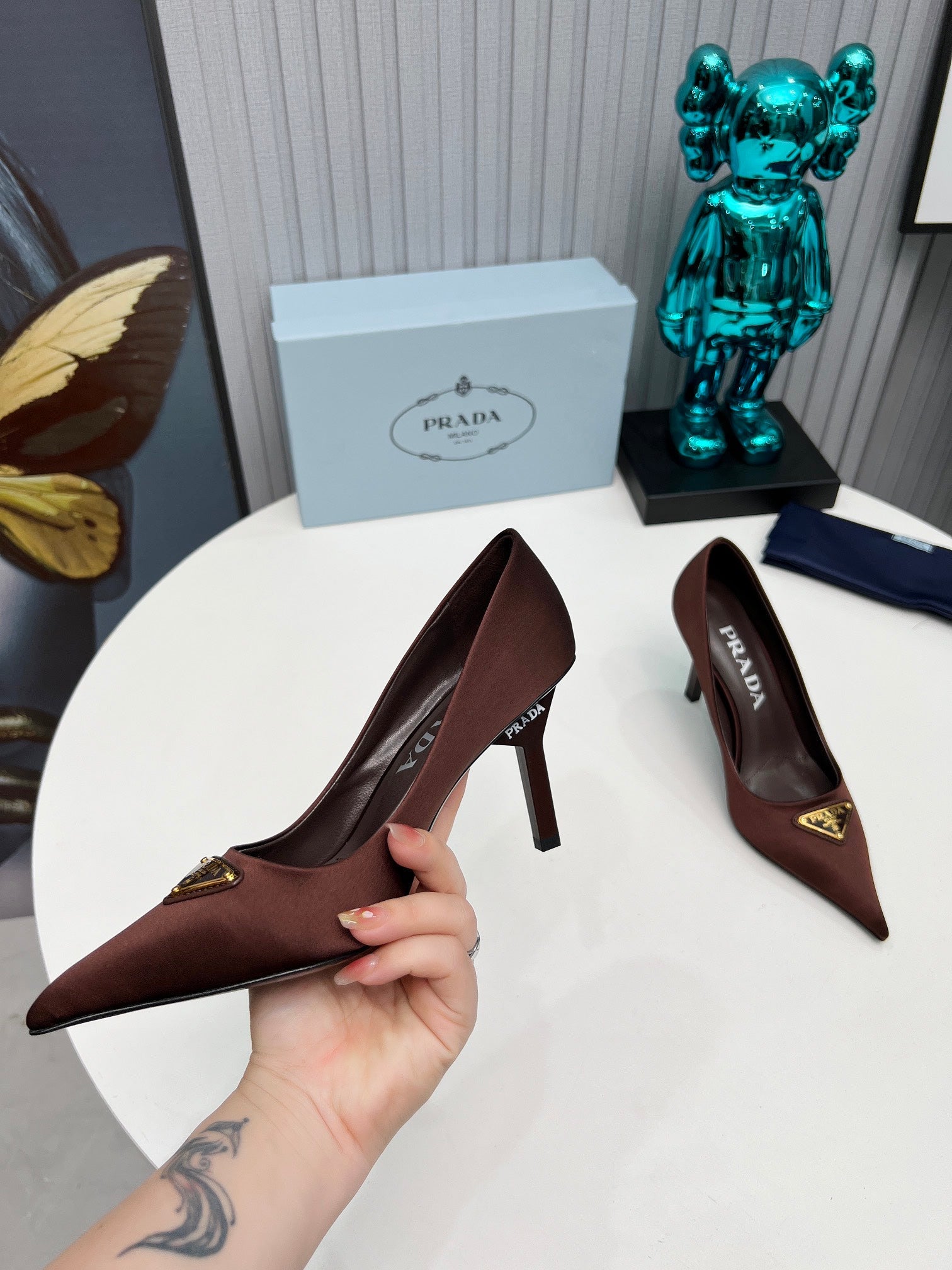 PRADA 26S POINTED TOE PUMPS STILETTO HEEL 80MM IN DARK BROWN SATIN