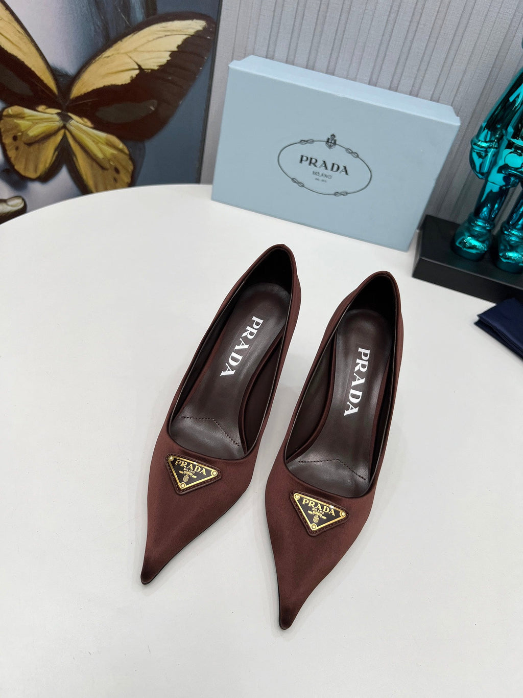PRADA 26S POINTED TOE PUMPS STILETTO HEEL 80MM IN DARK BROWN SATIN