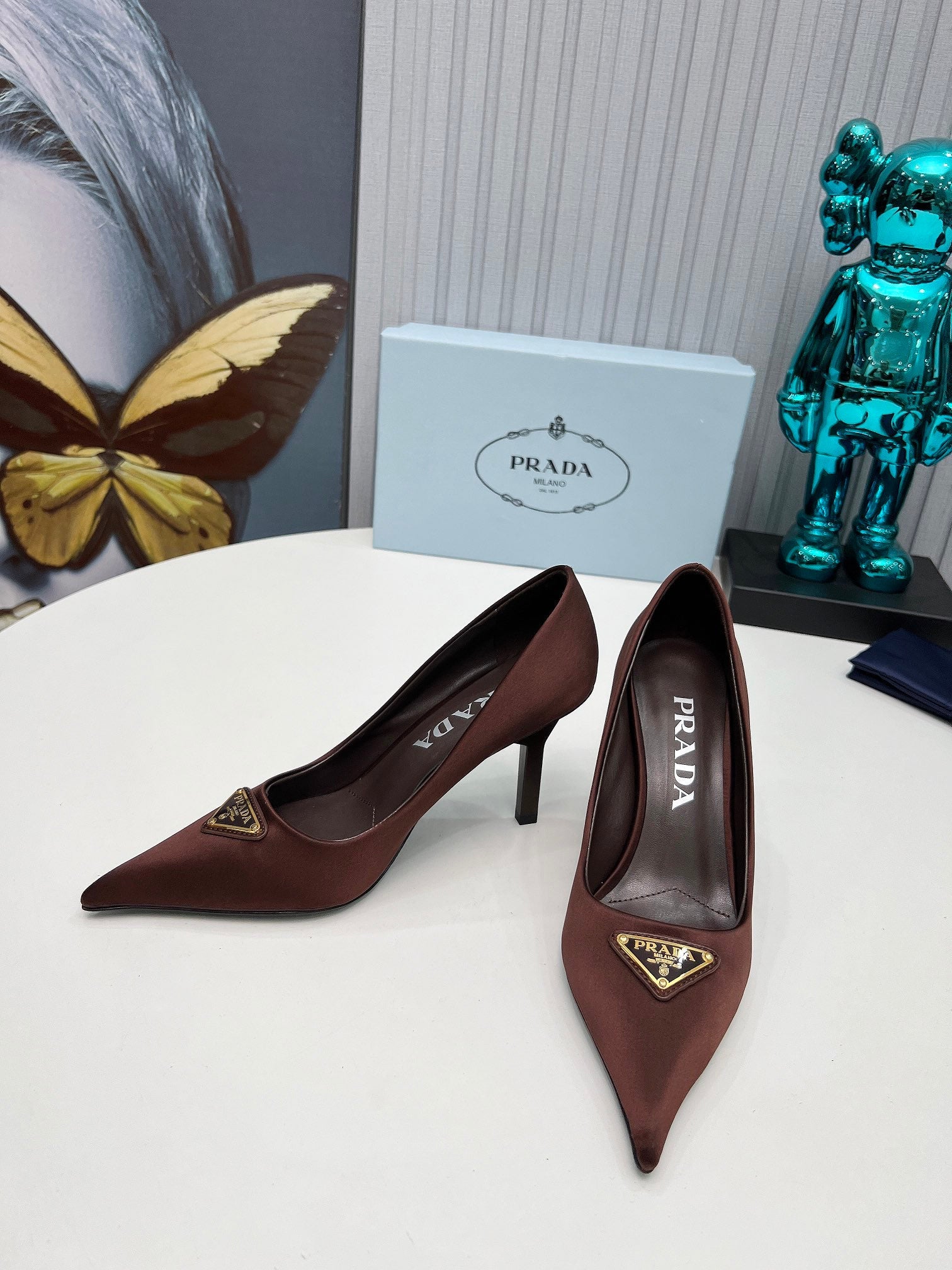 PRADA 26S POINTED TOE PUMPS STILETTO HEEL 80MM IN DARK BROWN SATIN