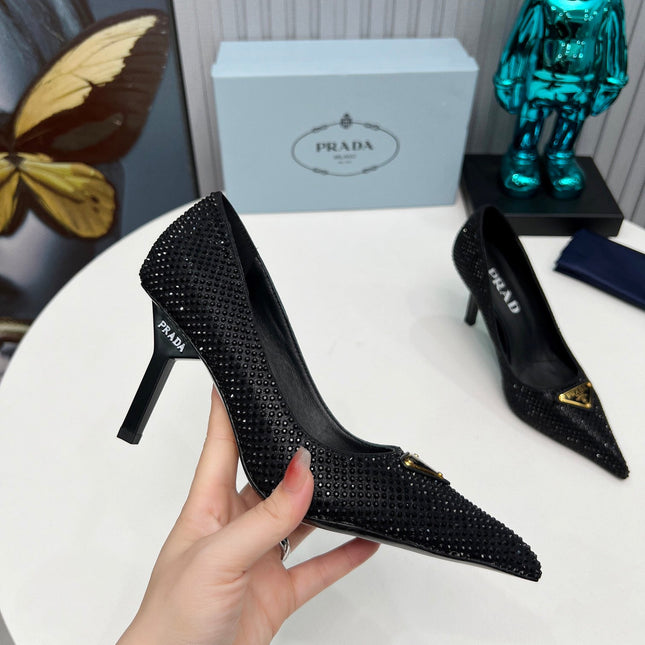 PRADA 26S POINTED TOE PUMPS STILETTO HEEL 80MM IN BLACK CRYSTAL EMBELLISHED