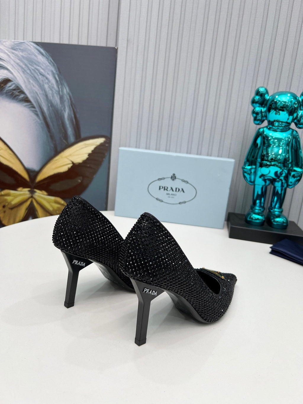 PRADA 26S POINTED TOE PUMPS STILETTO HEEL 80MM IN BLACK CRYSTAL EMBELLISHED
