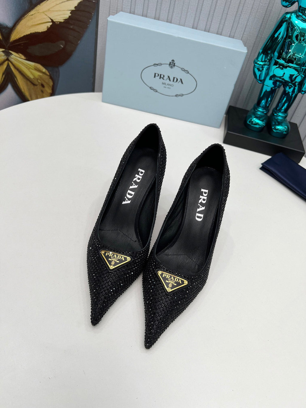 PRADA 26S POINTED TOE PUMPS STILETTO HEEL 80MM IN BLACK CRYSTAL EMBELLISHED