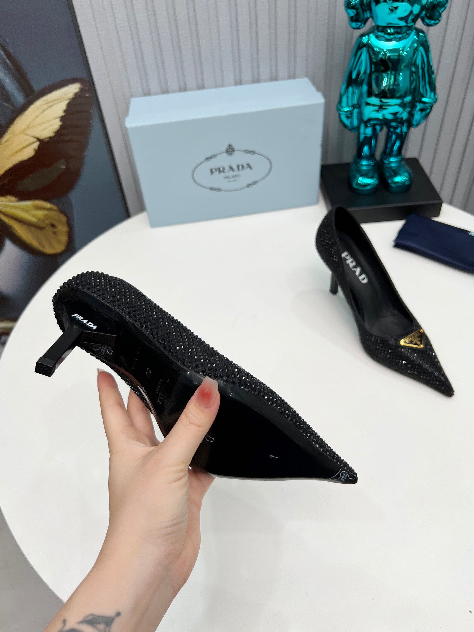 PRADA 26S POINTED TOE PUMPS STILETTO HEEL 80MM IN BLACK CRYSTAL EMBELLISHED