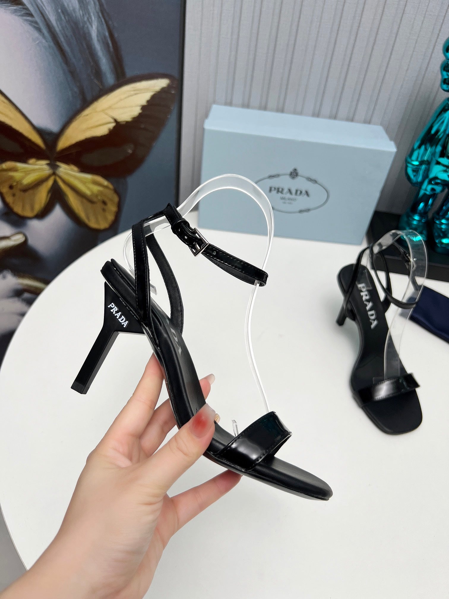 PRADA 26S ANKLE STRAP SANDALS STILETTO HEEL 80MM IN BLACK SHINE CALFSKIN