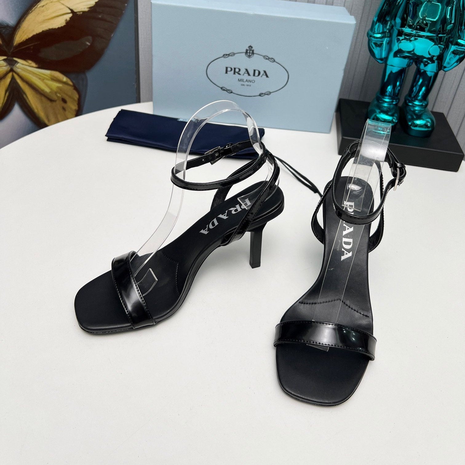 PRADA 26S ANKLE STRAP SANDALS STILETTO HEEL 80MM IN BLACK SHINE CALFSKIN