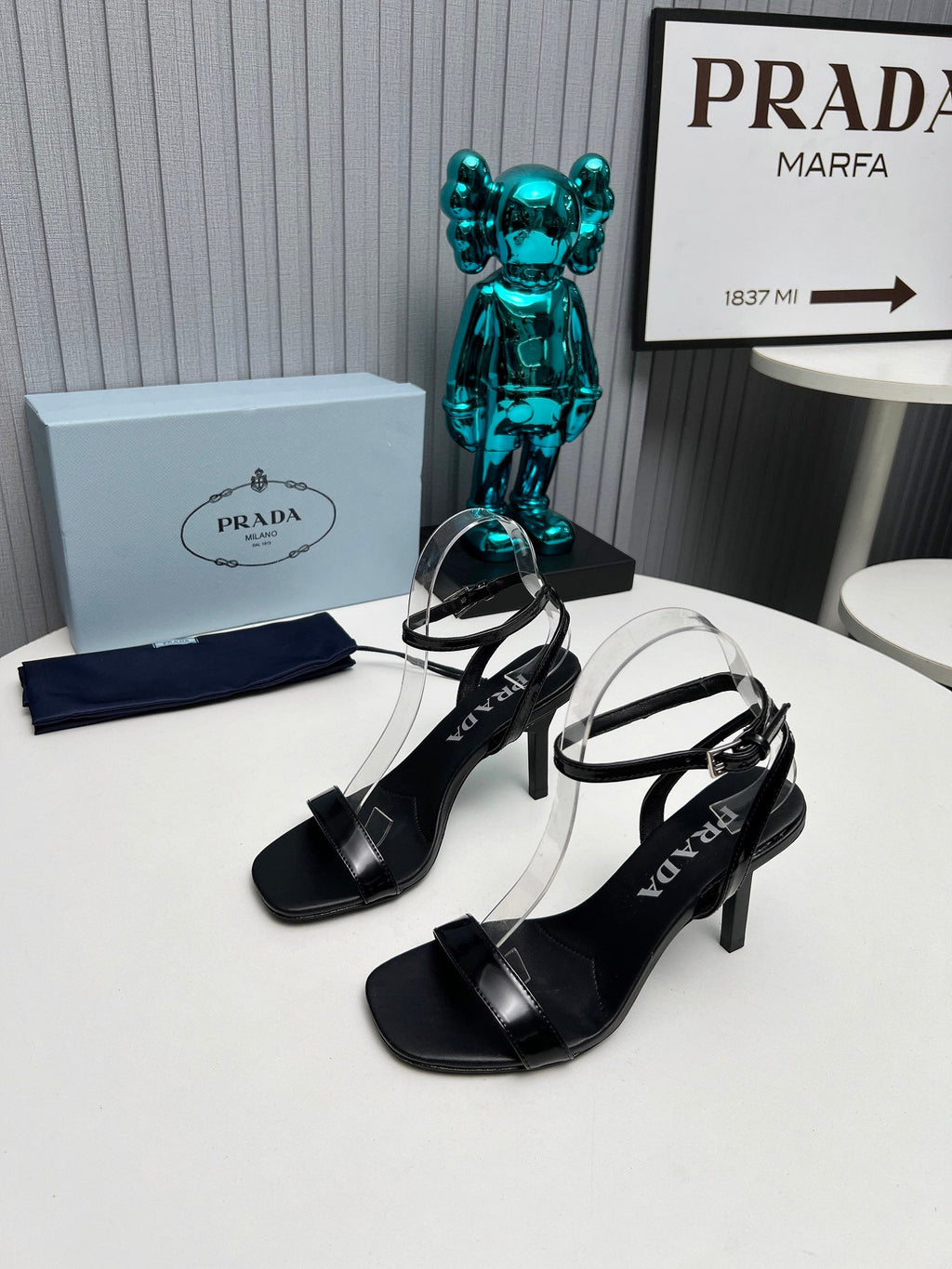PRADA 26S ANKLE STRAP SANDALS STILETTO HEEL 80MM IN BLACK SHINE CALFSKIN