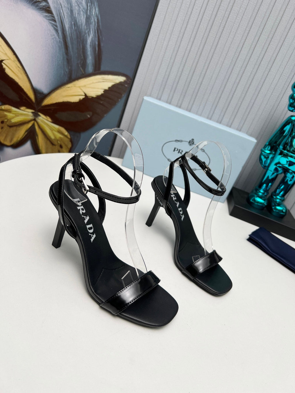 PRADA 26S ANKLE STRAP SANDALS STILETTO HEEL 80MM IN BLACK SHINE CALFSKIN