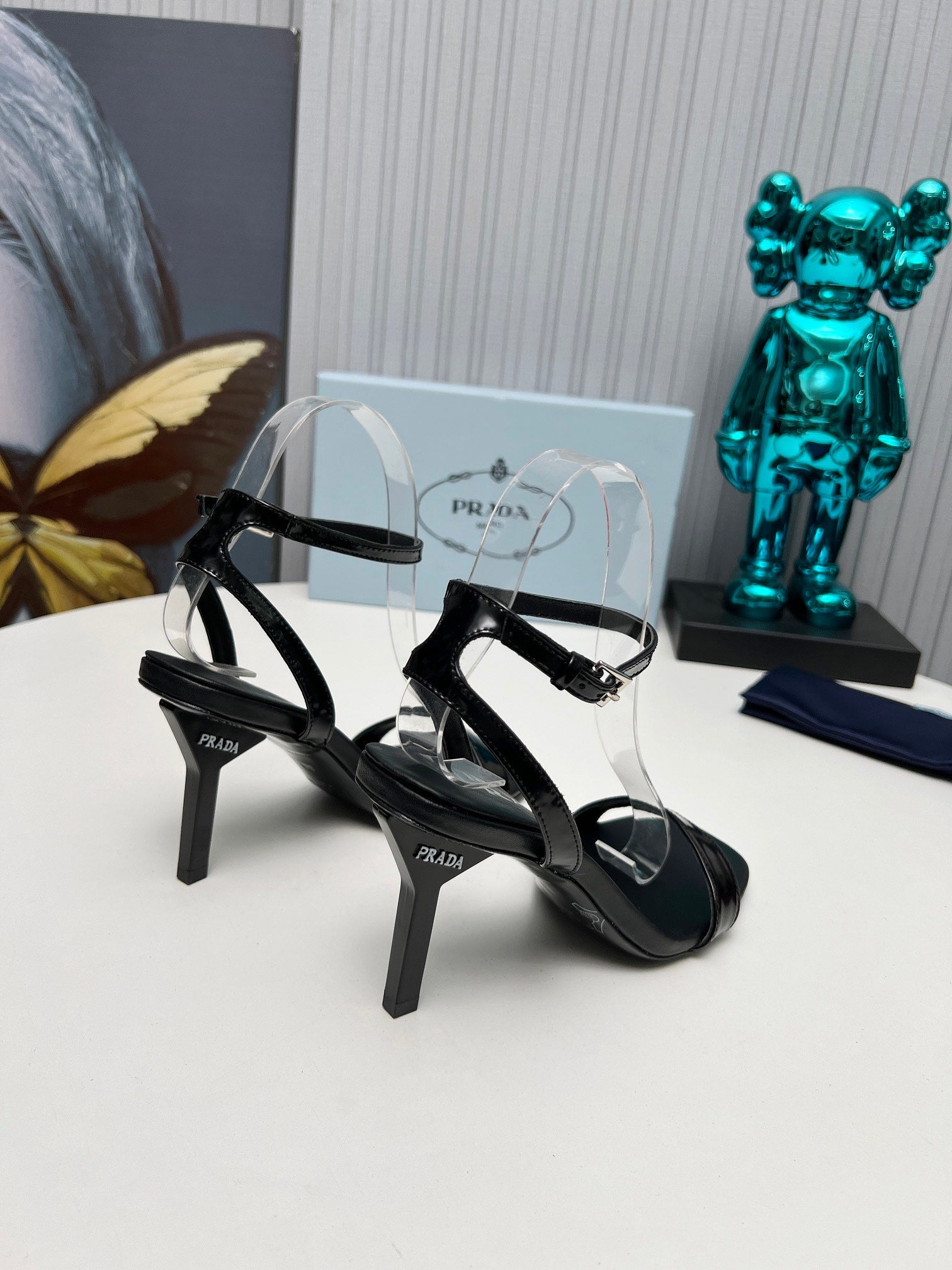 PRADA 26S ANKLE STRAP SANDALS STILETTO HEEL 80MM IN BLACK SHINE CALFSKIN