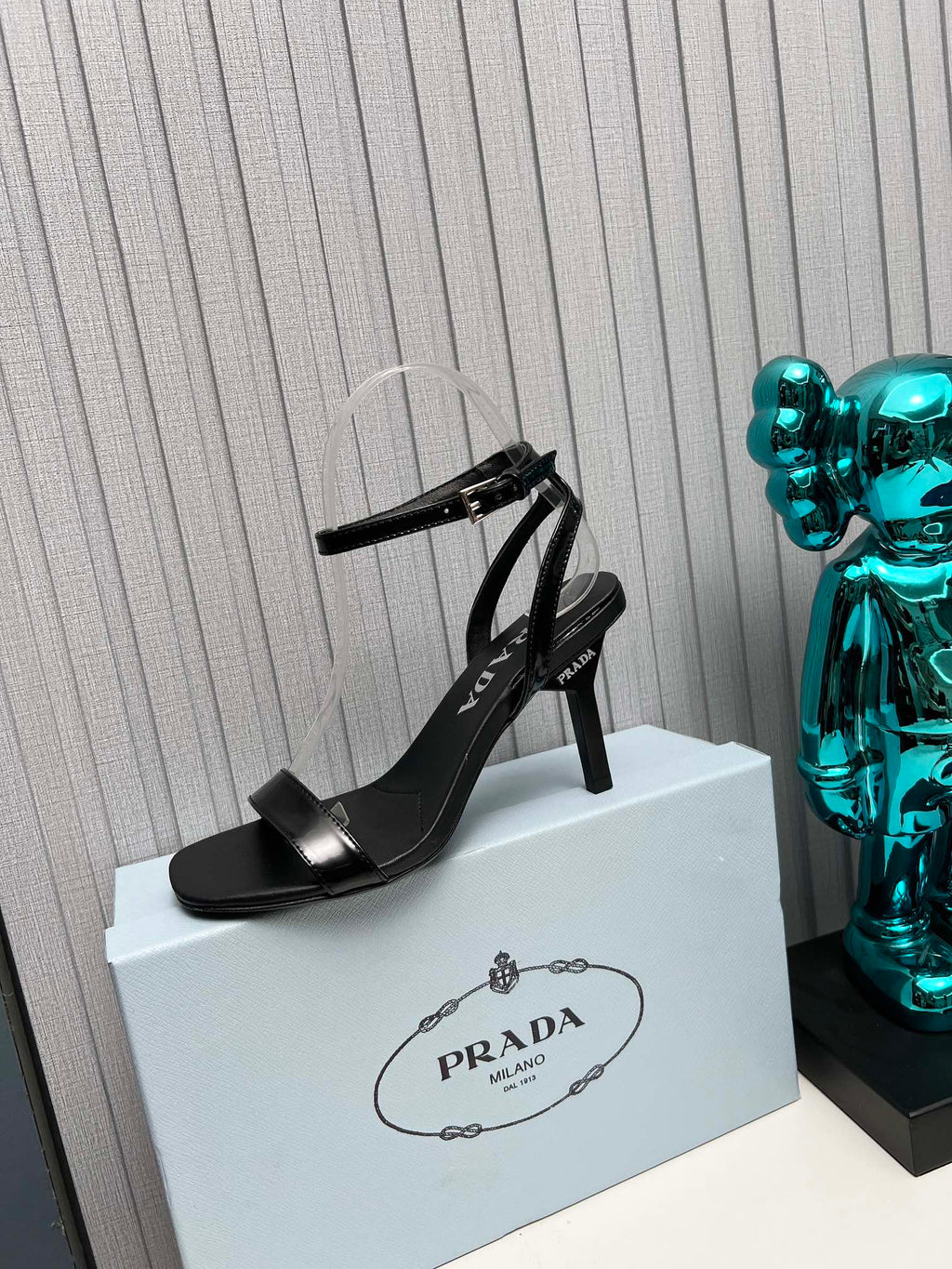 PRADA 26S ANKLE STRAP SANDALS STILETTO HEEL 80MM IN BLACK SHINE CALFSKIN