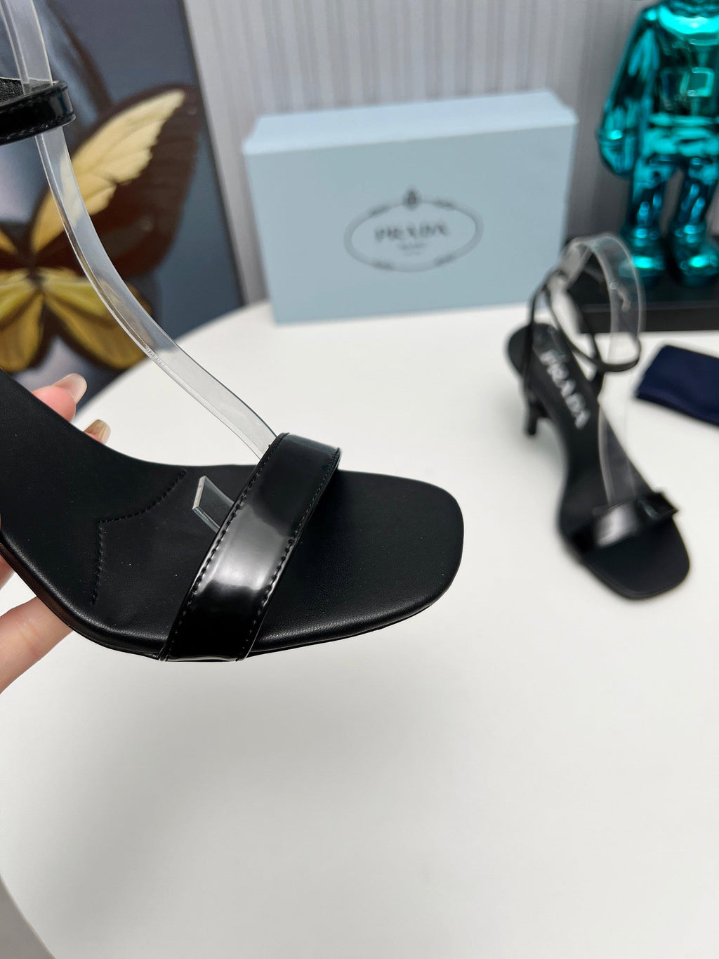 PRADA 26S ANKLE STRAP SANDALS STILETTO HEEL 80MM IN BLACK SHINE CALFSKIN