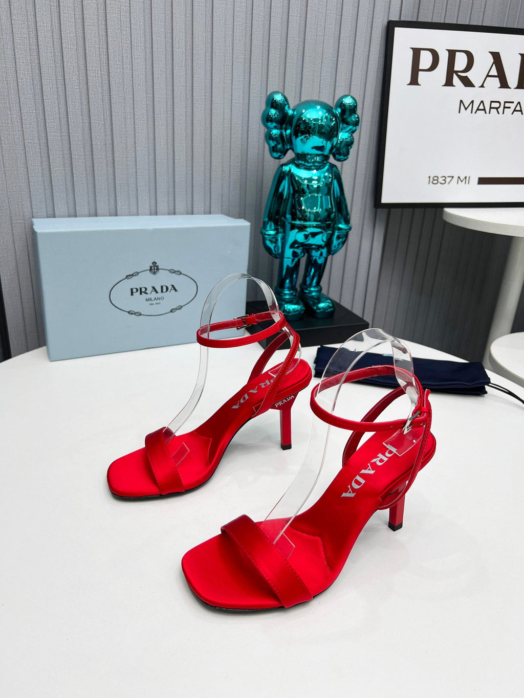 PRADA 26S ANKLE STRAP SANDALS STILETTO HEEL 80MM IN DARK RED SATIN