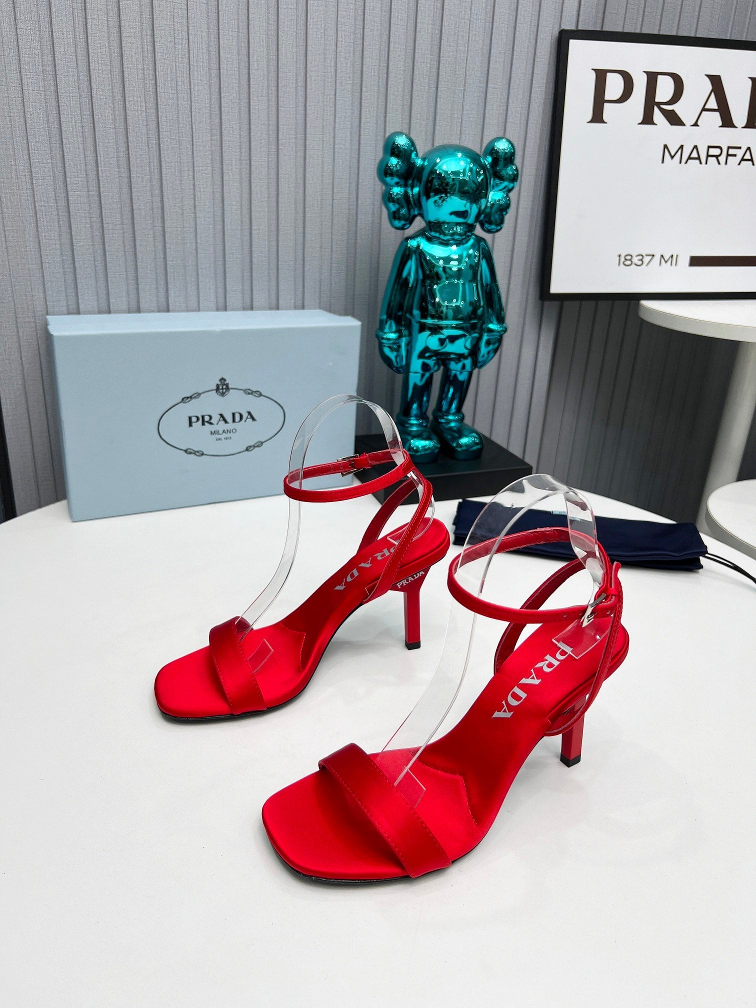PRADA 26S ANKLE STRAP SANDALS STILETTO HEEL 80MM IN DARK RED SATIN