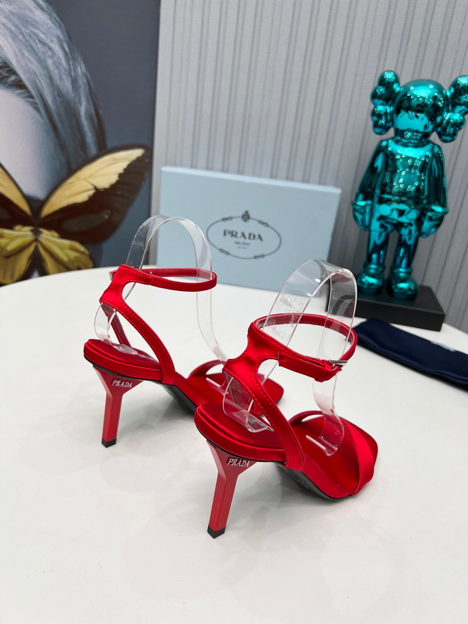 PRADA 26S ANKLE STRAP SANDALS STILETTO HEEL 80MM IN DARK RED SATIN