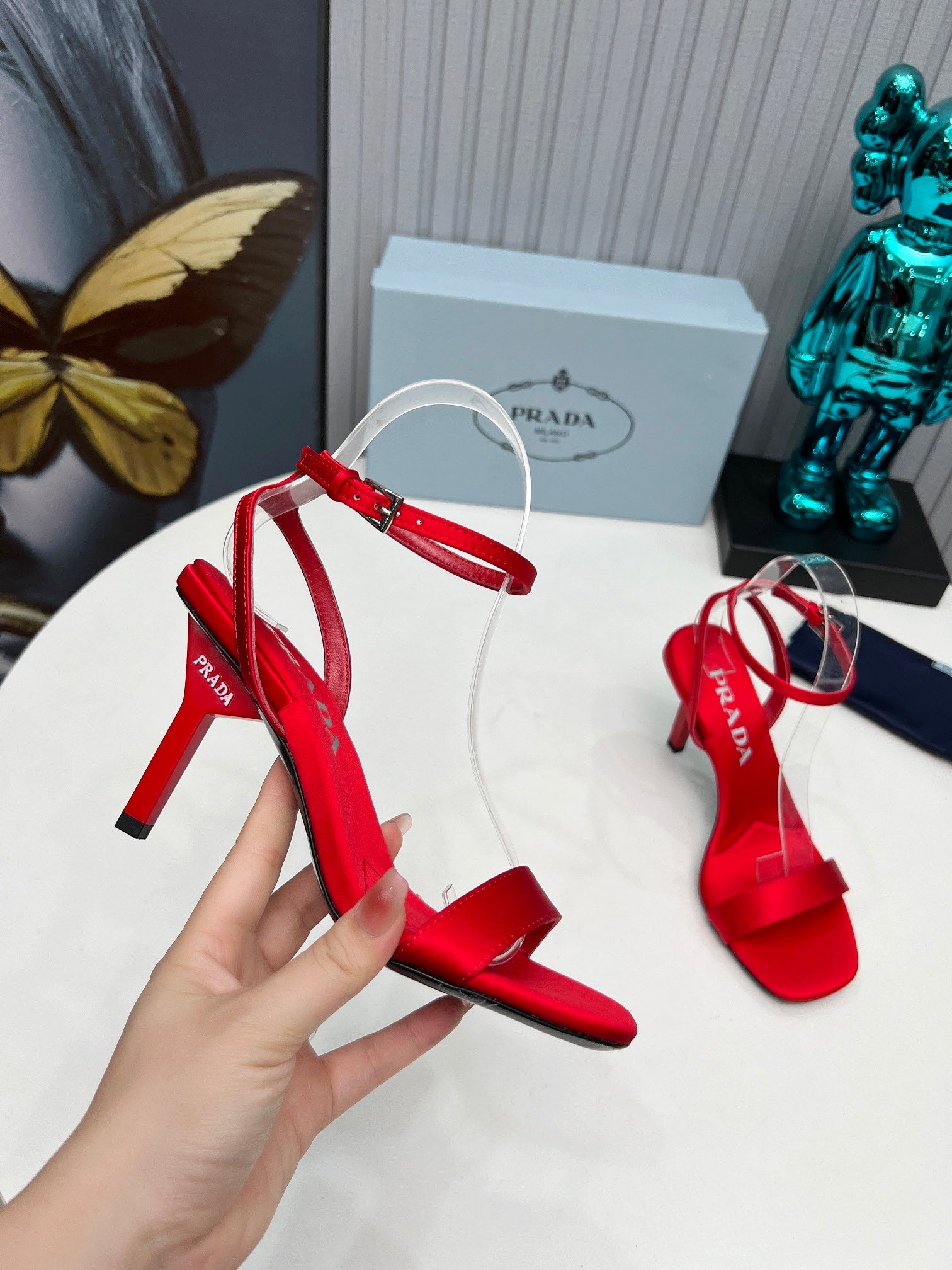 PRADA 26S ANKLE STRAP SANDALS STILETTO HEEL 80MM IN DARK RED SATIN