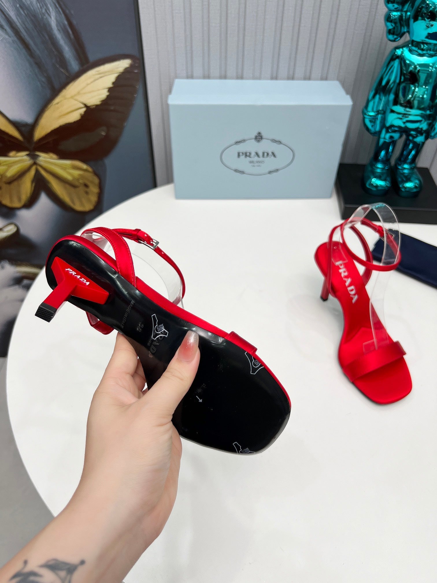 PRADA 26S ANKLE STRAP SANDALS STILETTO HEEL 80MM IN DARK RED SATIN