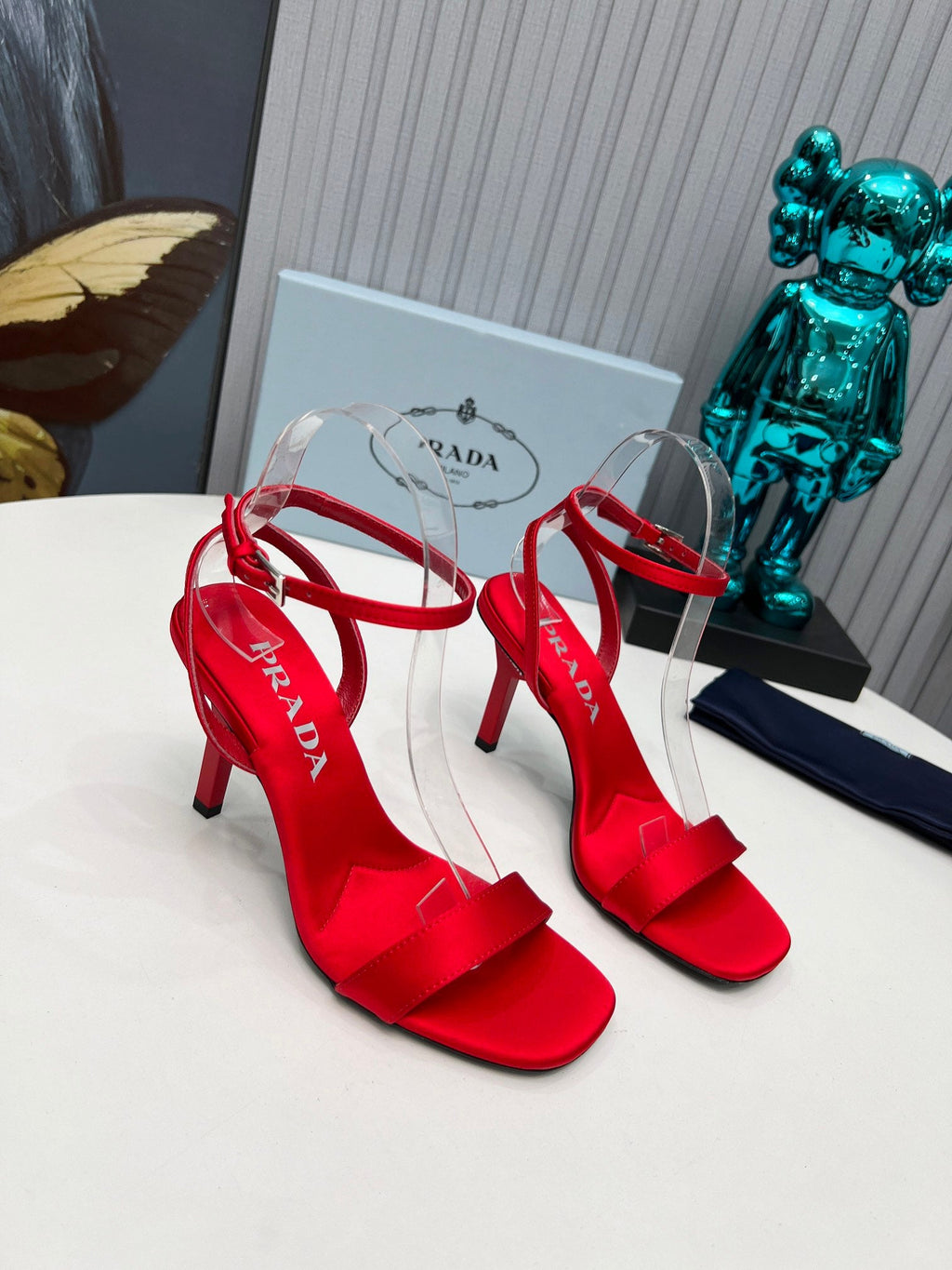 PRADA 26S ANKLE STRAP SANDALS STILETTO HEEL 80MM IN DARK RED SATIN