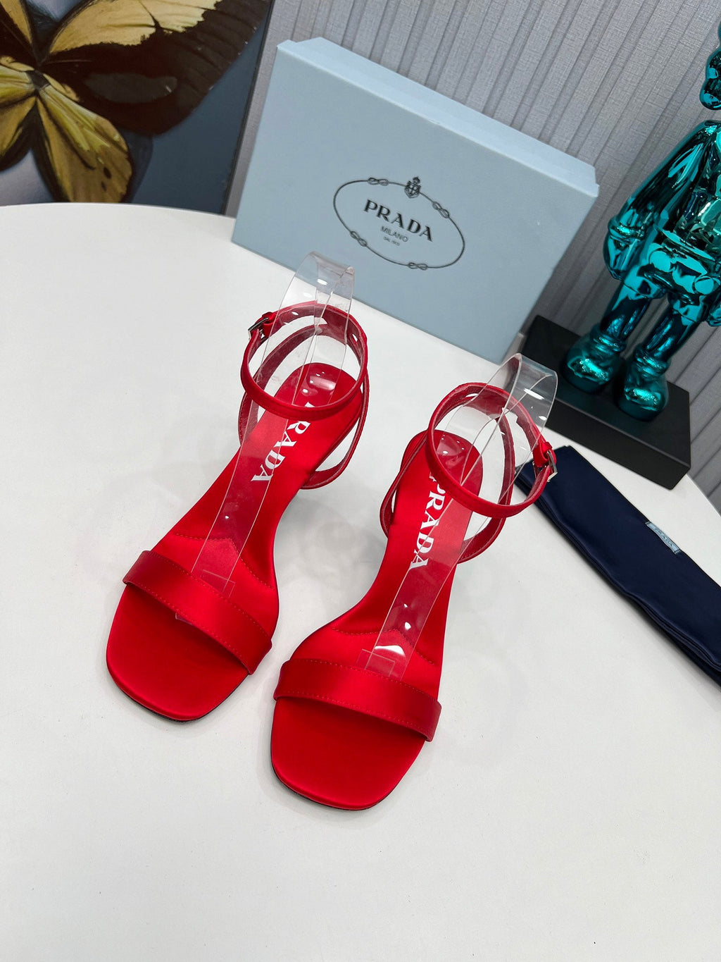 PRADA 26S ANKLE STRAP SANDALS STILETTO HEEL 80MM IN DARK RED SATIN