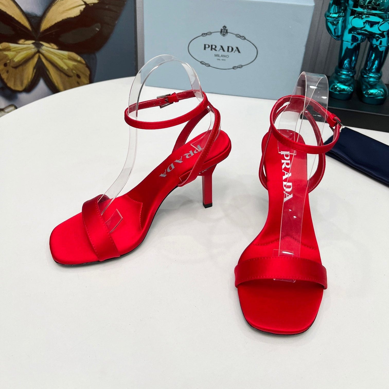 PRADA 26S ANKLE STRAP SANDALS STILETTO HEEL 80MM IN DARK RED SATIN