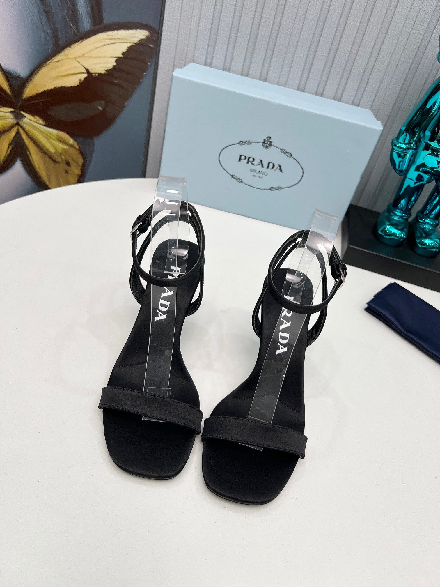 PRADA 26S ANKLE STRAP SANDALS STILETTO HEEL 80MM IN BLACK SATIN