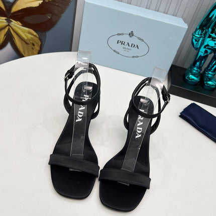 PRADA 26S ANKLE STRAP SANDALS STILETTO HEEL 80MM IN BLACK SATIN