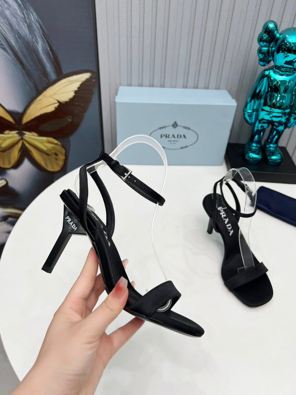 PRADA 26S ANKLE STRAP SANDALS STILETTO HEEL 80MM IN BLACK SATIN