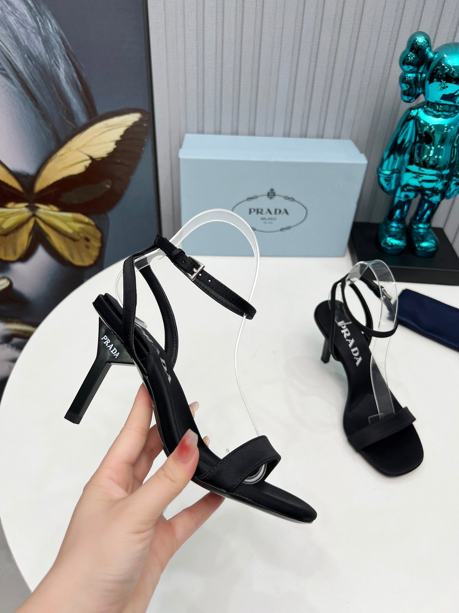 PRADA 26S ANKLE STRAP SANDALS STILETTO HEEL 80MM IN BLACK SATIN