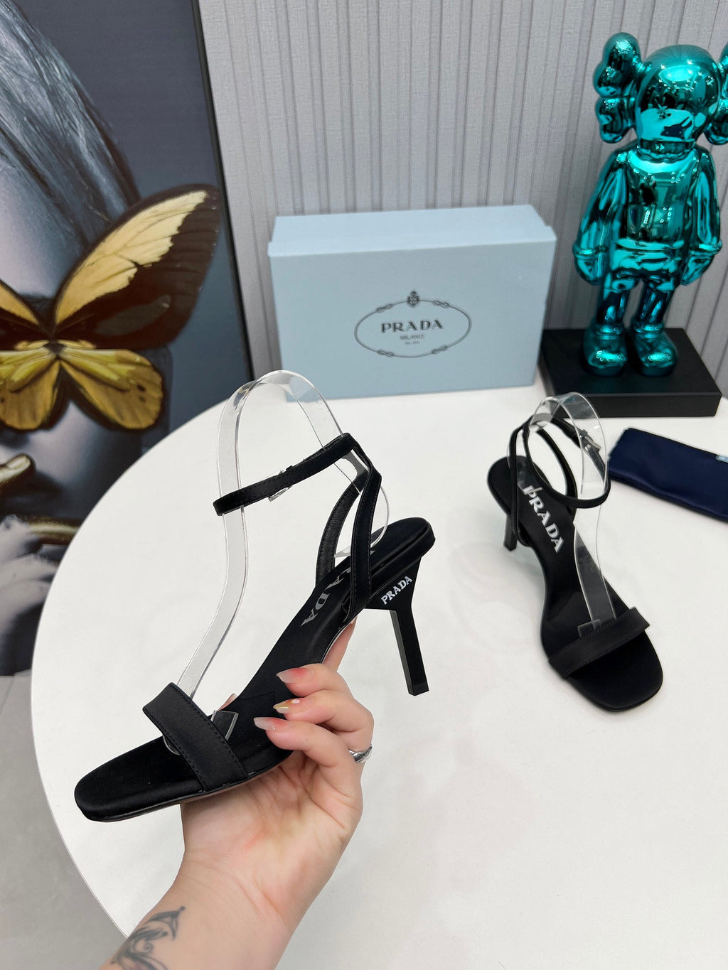 PRADA 26S ANKLE STRAP SANDALS STILETTO HEEL 80MM IN BLACK SATIN