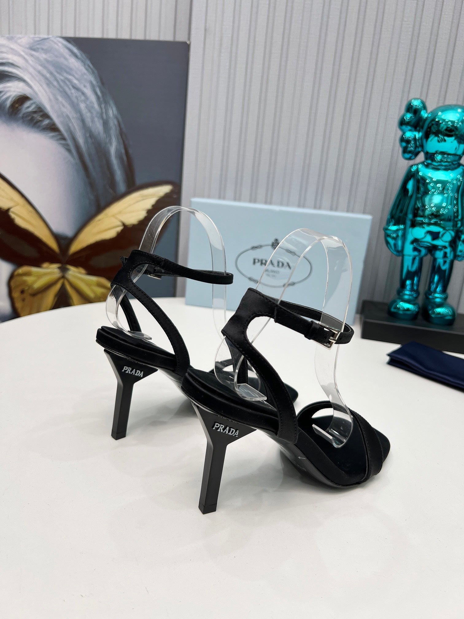 PRADA 26S ANKLE STRAP SANDALS STILETTO HEEL 80MM IN BLACK SATIN