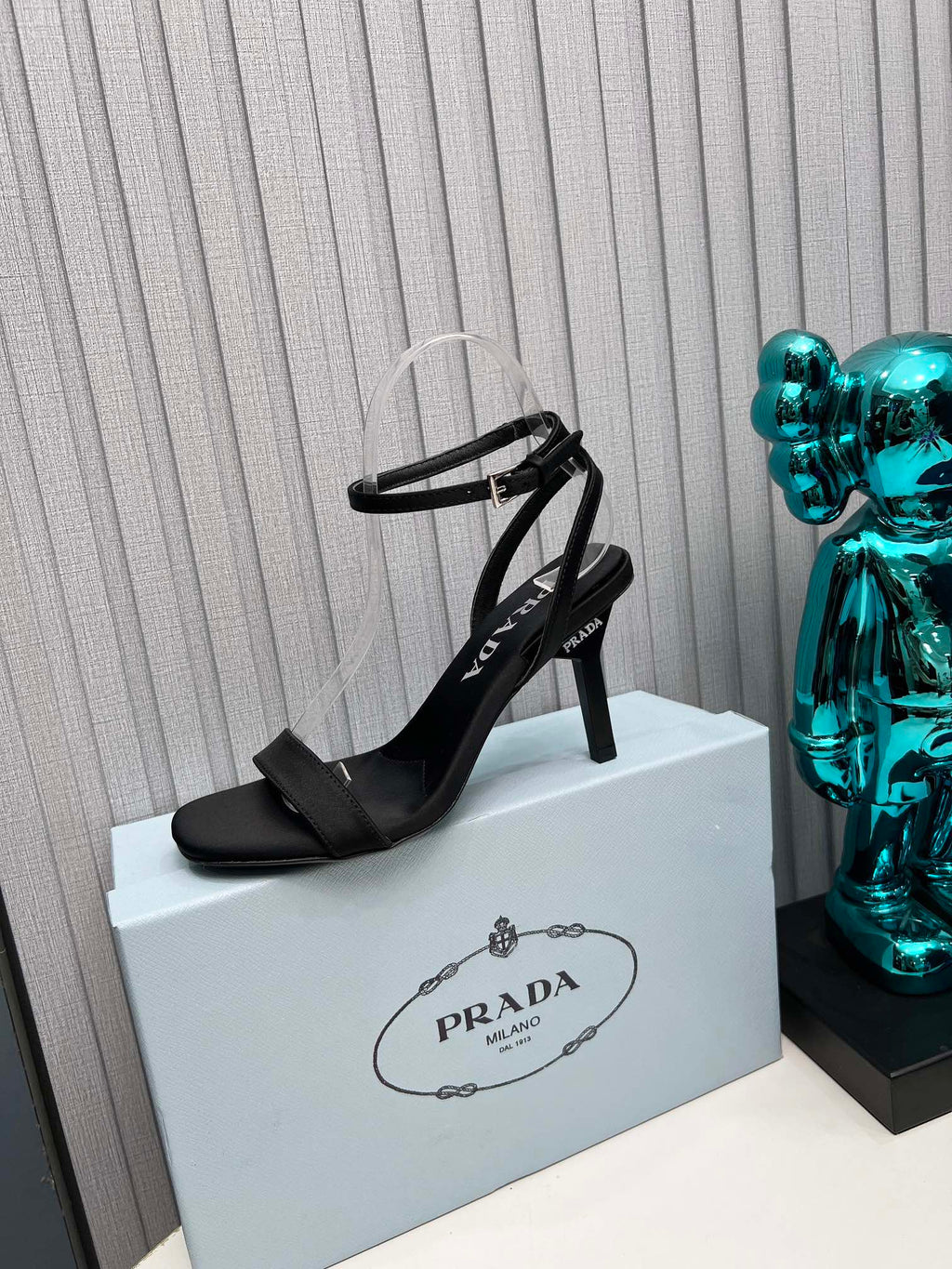 PRADA 26S ANKLE STRAP SANDALS STILETTO HEEL 80MM IN BLACK SATIN