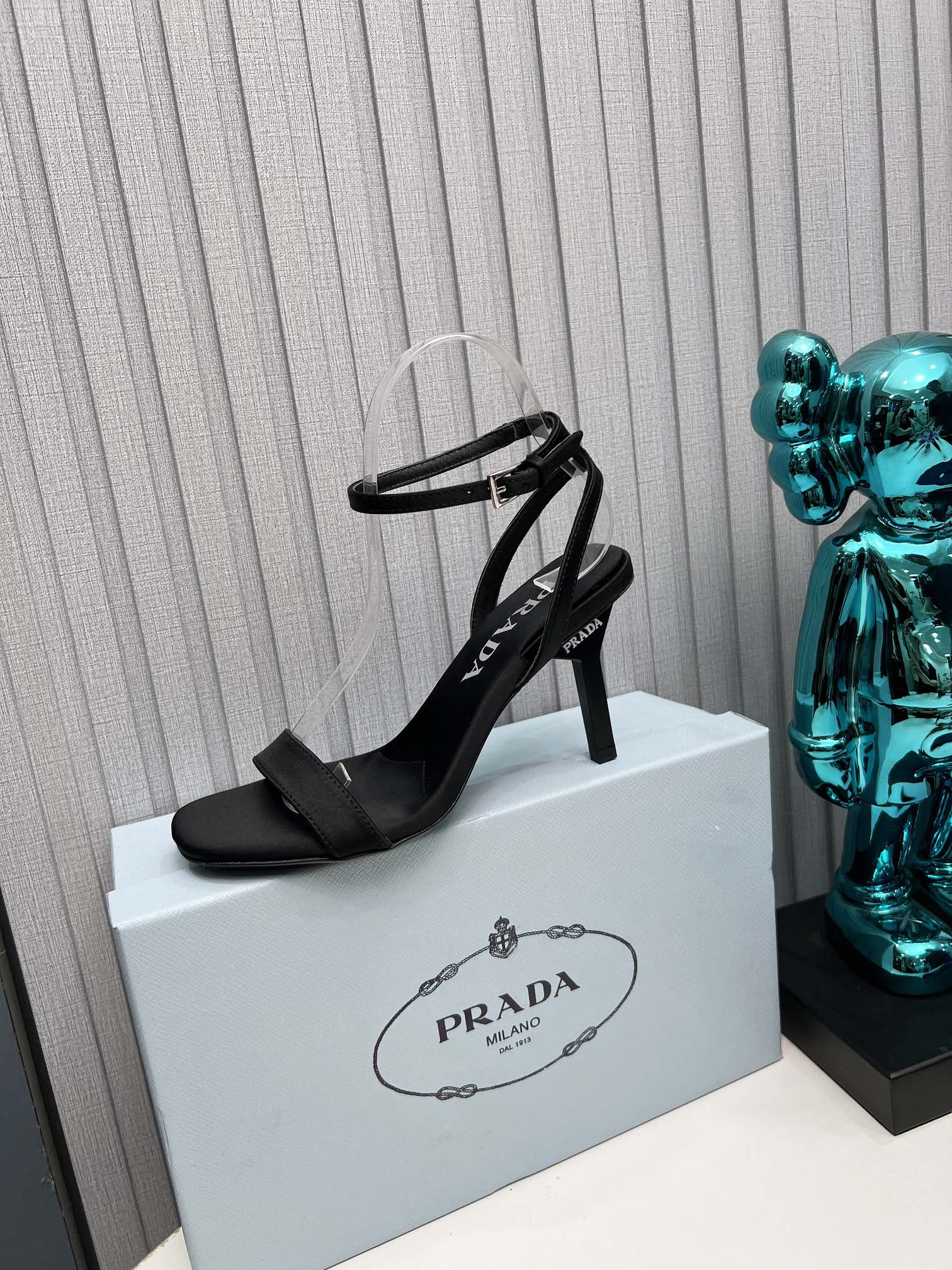 PRADA 26S ANKLE STRAP SANDALS STILETTO HEEL 80MM IN BLACK SATIN