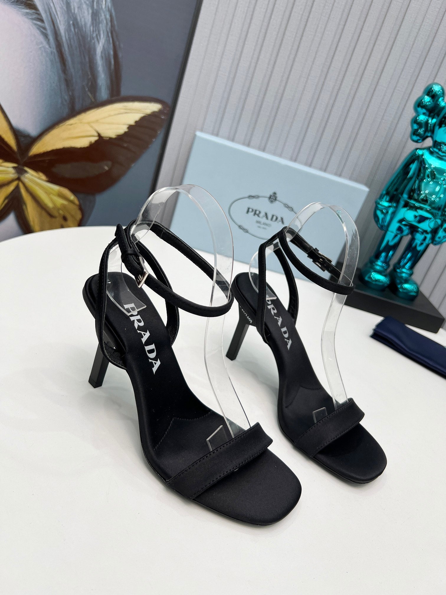 PRADA 26S ANKLE STRAP SANDALS STILETTO HEEL 80MM IN BLACK SATIN
