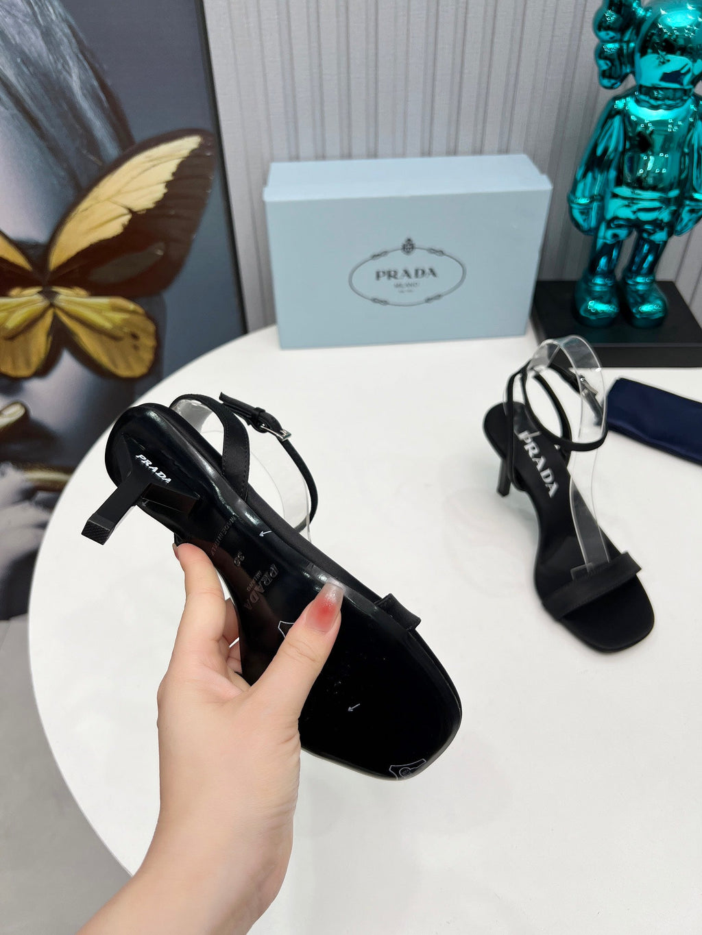 PRADA 26S ANKLE STRAP SANDALS STILETTO HEEL 80MM IN BLACK SATIN