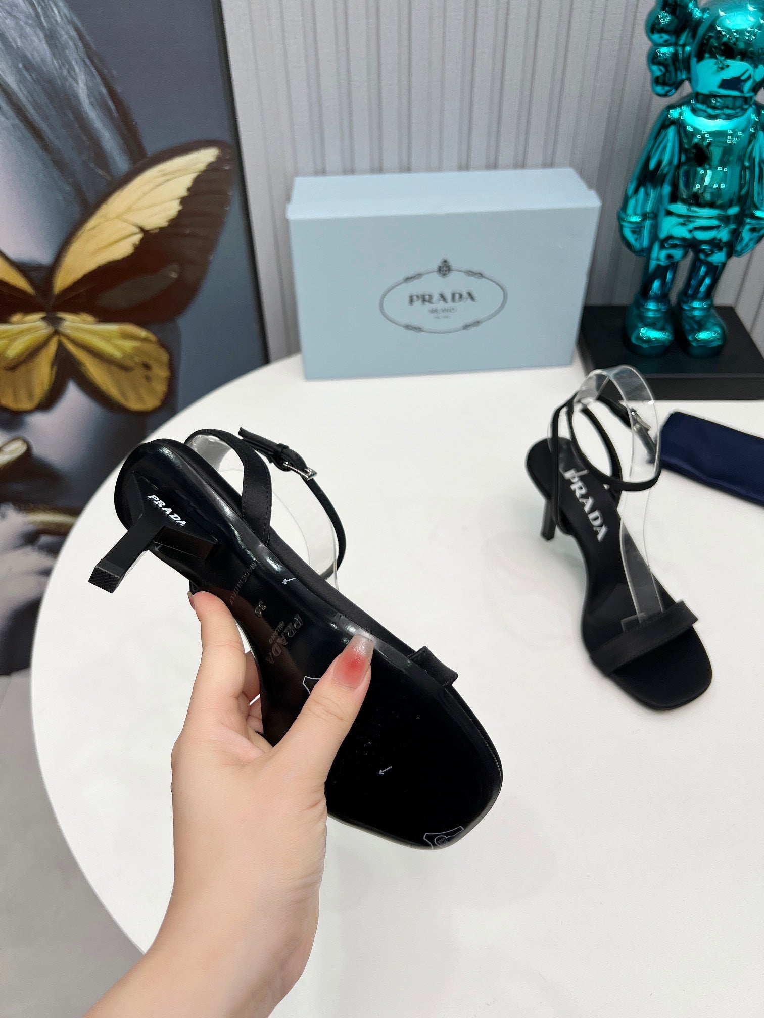 PRADA 26S ANKLE STRAP SANDALS STILETTO HEEL 80MM IN BLACK SATIN
