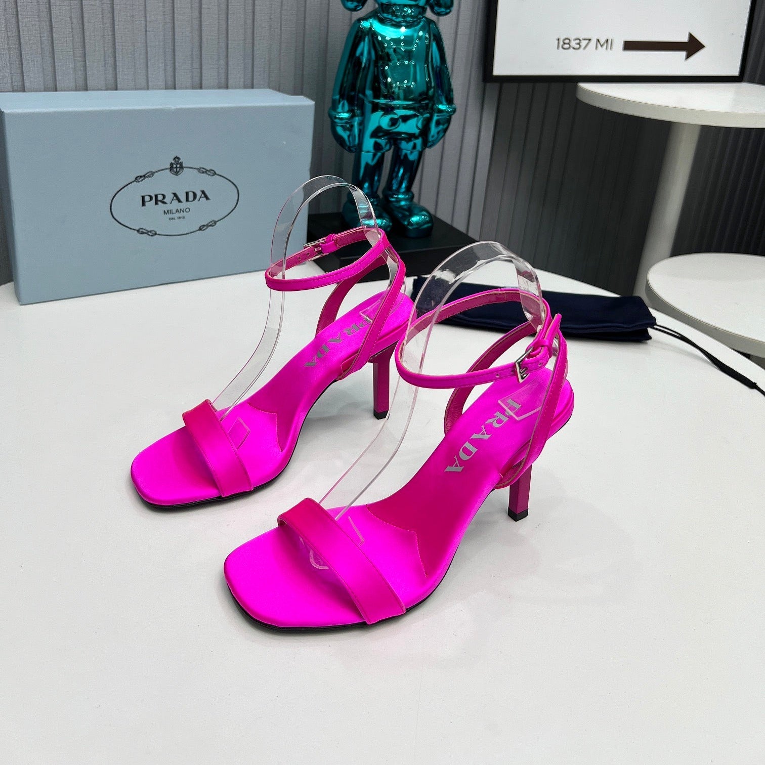 PRADA 26S ANKLE STRAP SANDALS STILETTO HEEL 80MM IN FUCHSIA PINK SATIN