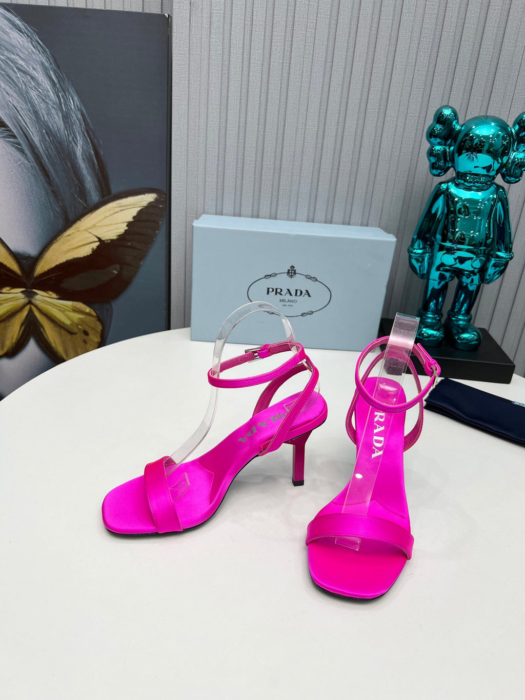 PRADA 26S ANKLE STRAP SANDALS STILETTO HEEL 80MM IN FUCHSIA PINK SATIN